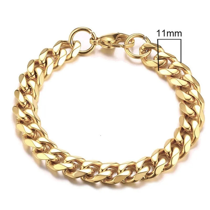 Gold six-sided geometric Cuban link metal bracelet on wrist, showing textured chain design.