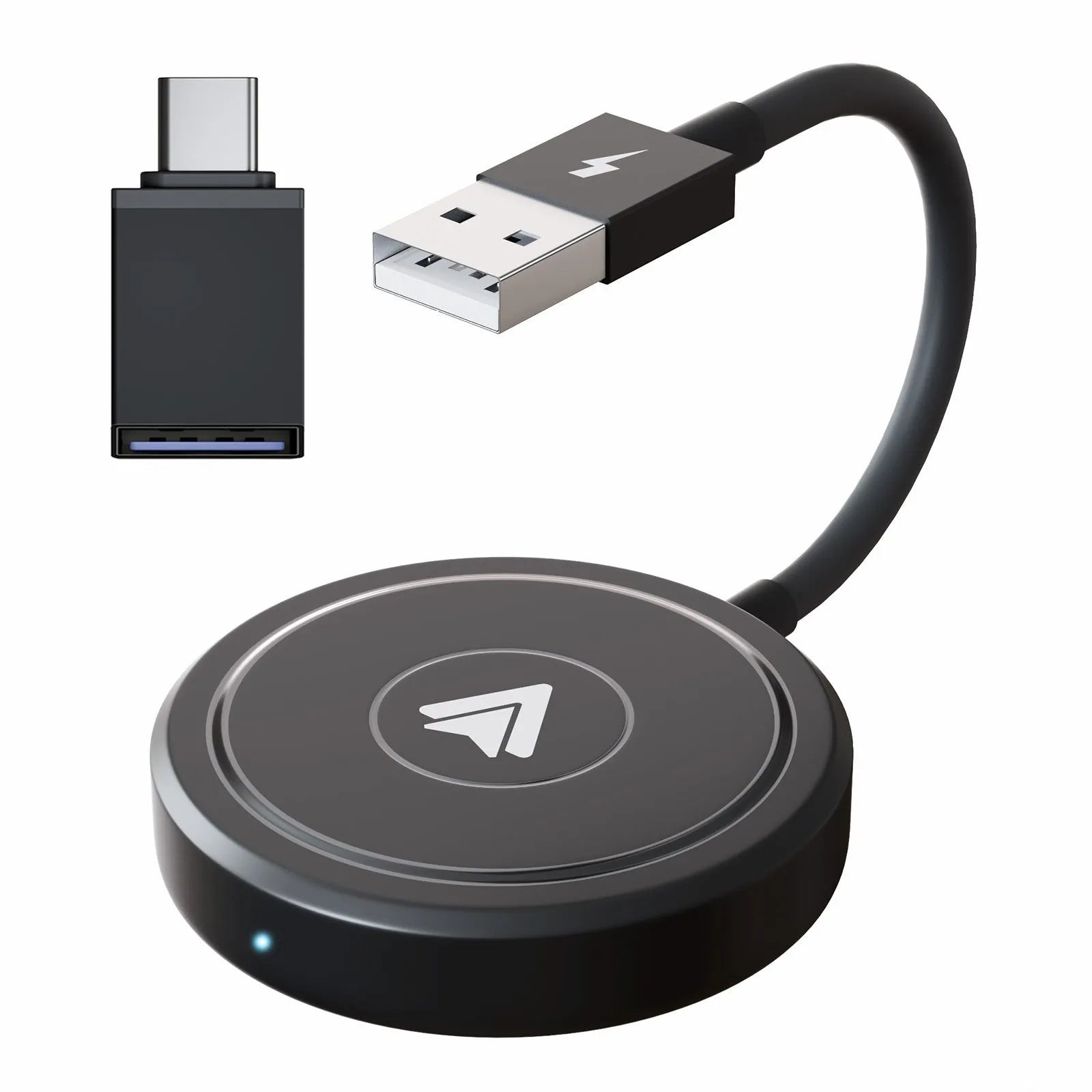 Car wired to wireless Android system adaptor in black or white, shown next to a steering wheel.