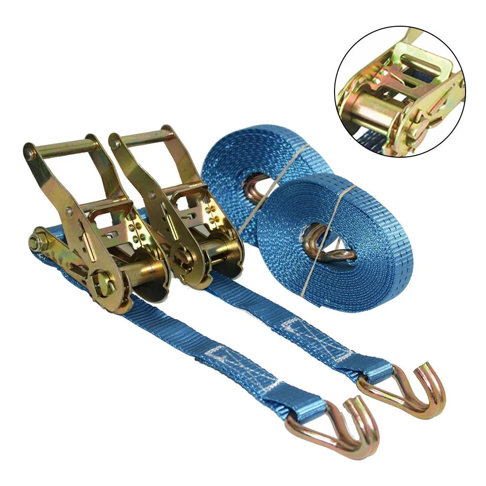 Steel ratchet tensioner with double hooks on a grey polyester strap for securing cargo.