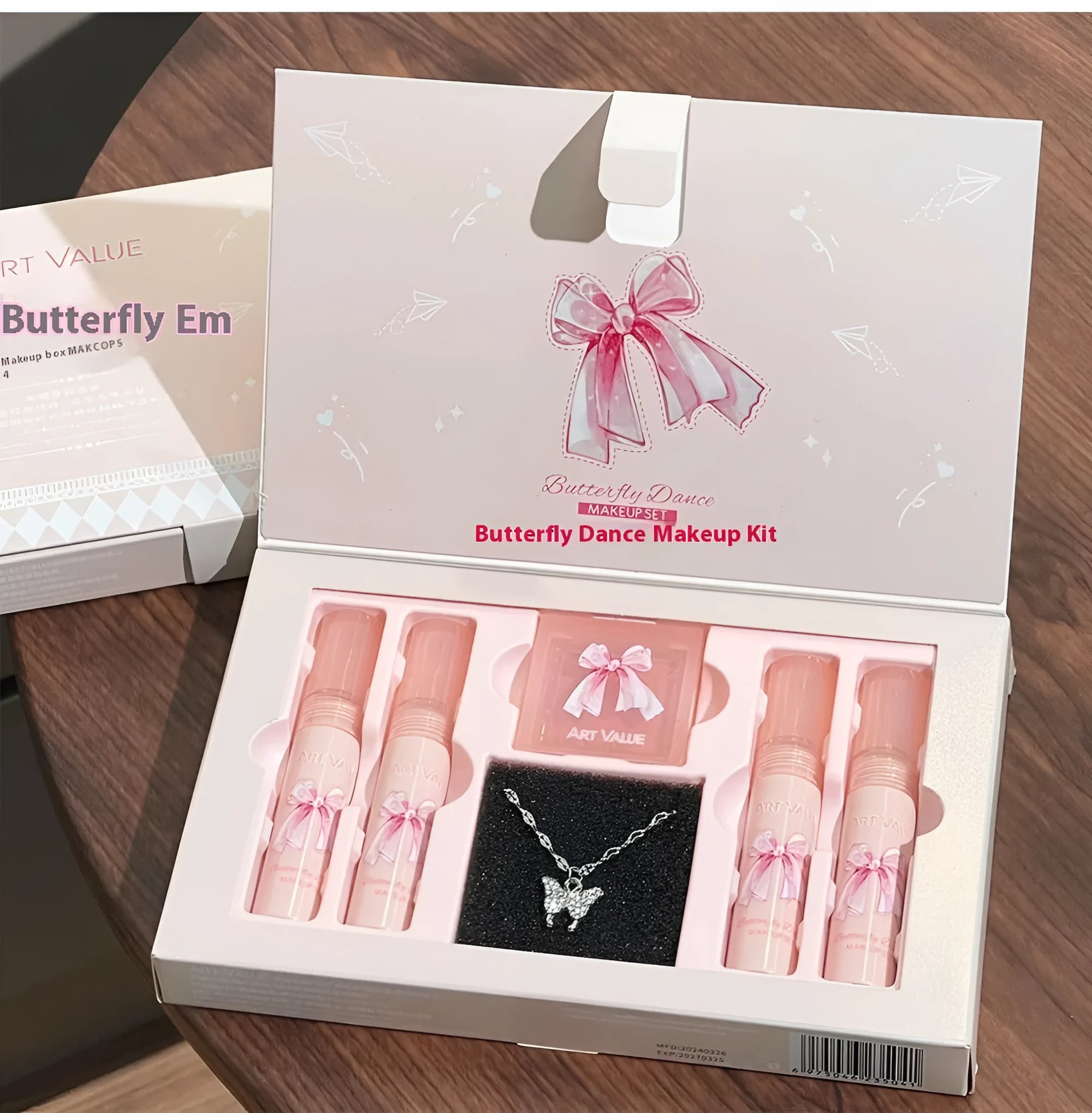 Butterfly box themed makeup set with matte lip mud, powder blusher, and necklace