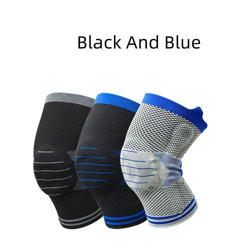 A cotton knee pad with a visible silicone massage spring bar shock absorber, shown in a grey and blue colour combination.