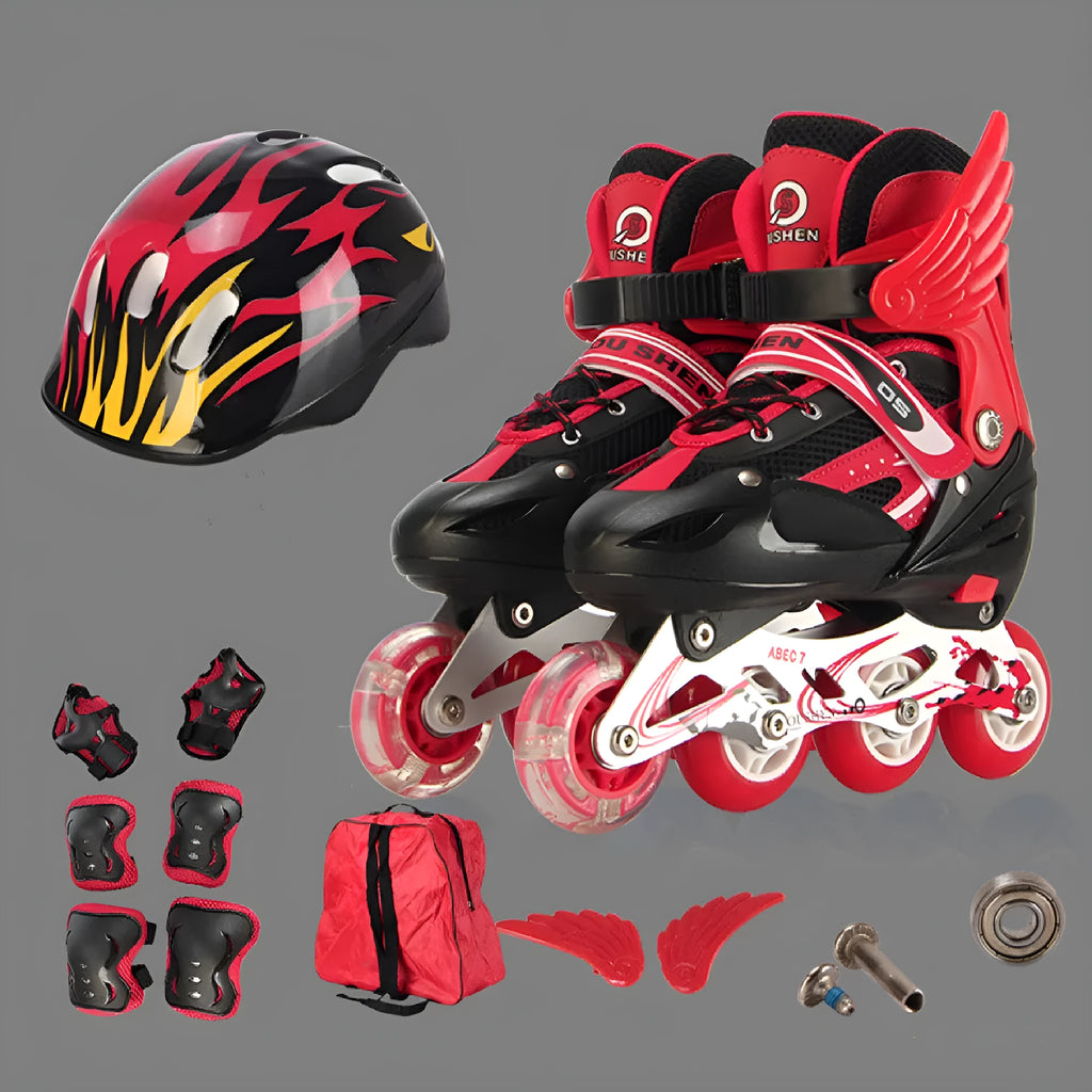 Adjustable children's roller skates in yellow with helmet and protective gear