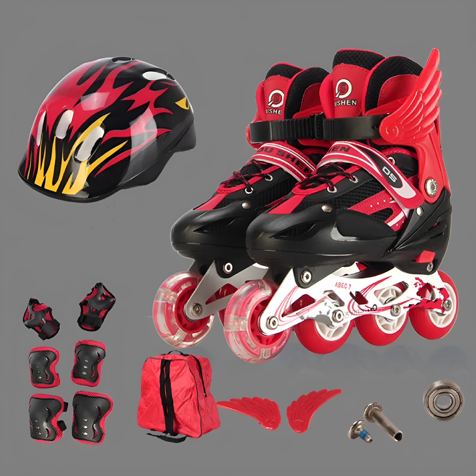 Adjustable children's roller skates in yellow with helmet and protective gear
