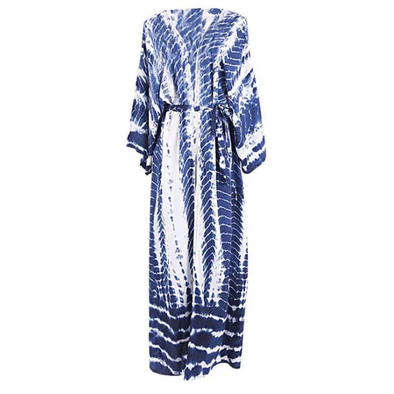 Printed cotton beach cover-up blouse with loose fit and long length for sun protection