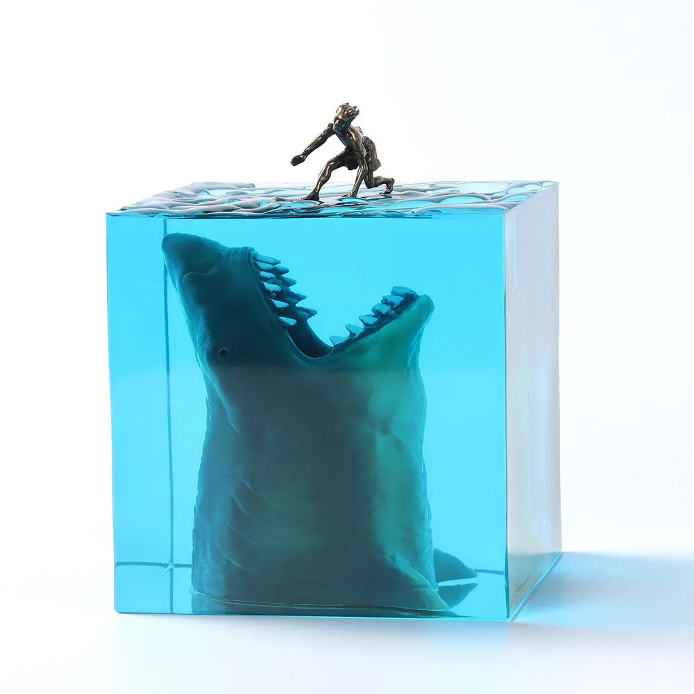 Surfing shark micro landscape resin night light ornament on wooden surface