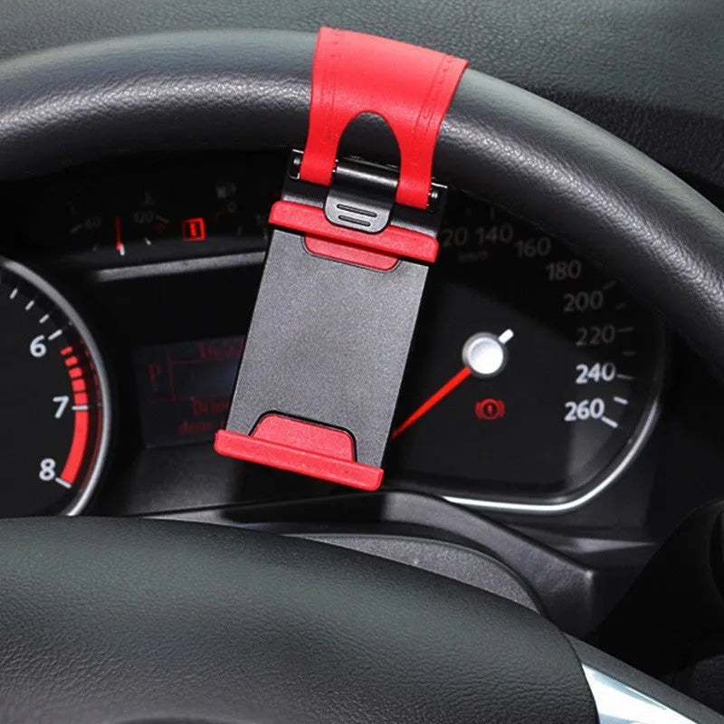 Black car steering wheel phone mount holder attached to vehicle steering wheel
