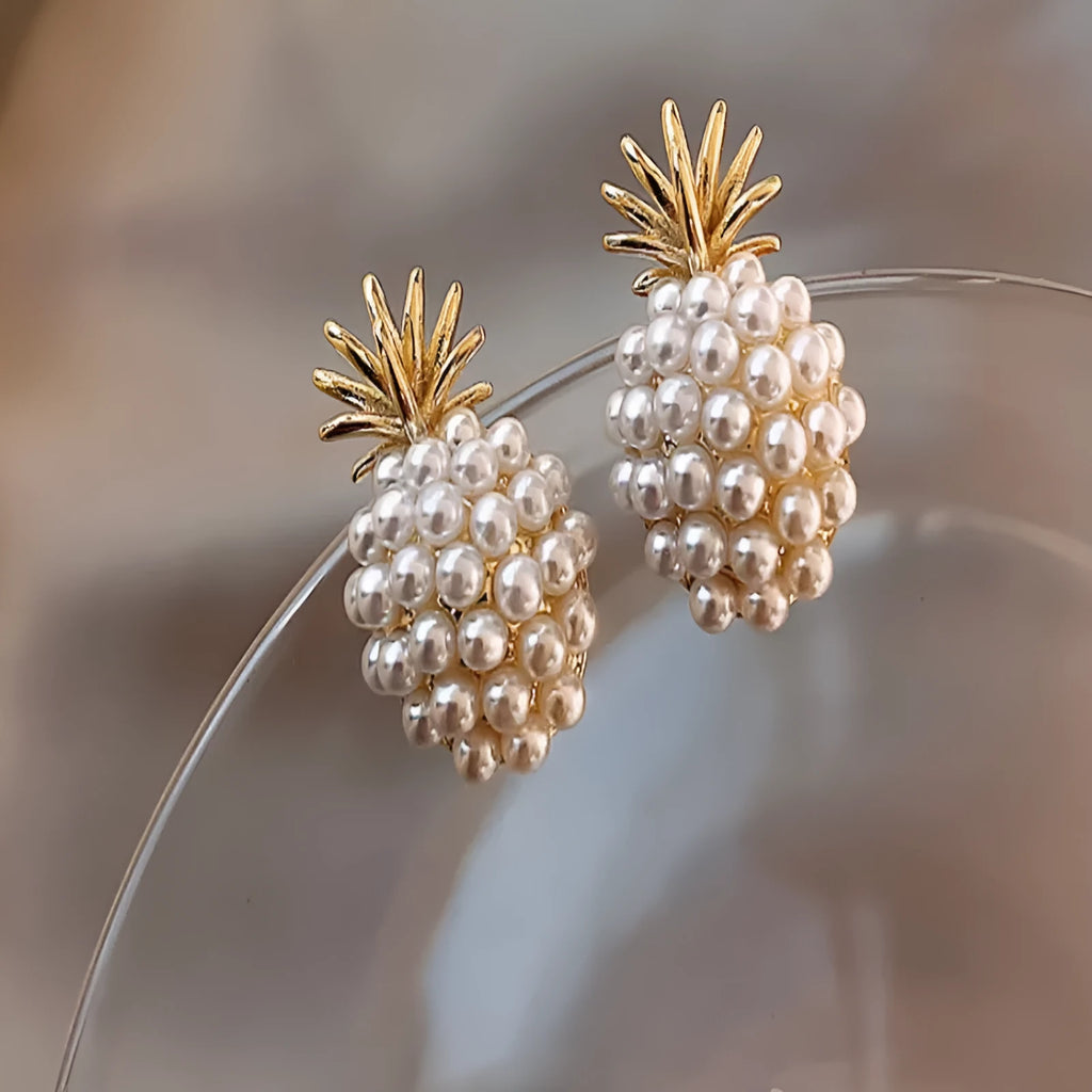 Korean style pineapple starfish pearl earrings in alloy with electroplated finish and artificial gemstone inlay