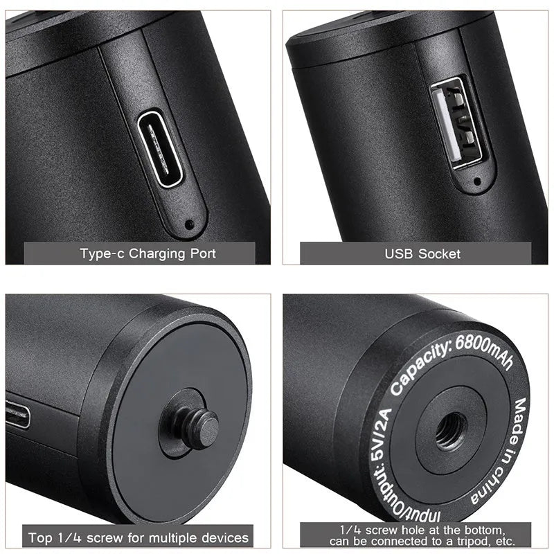 Black aluminium power bank with 6800mAh capacity measuring 12.5cm long