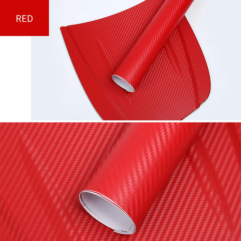 Roll of black 3D carbon fibre texture adhesive sticker for car decoration, showing textured pattern.