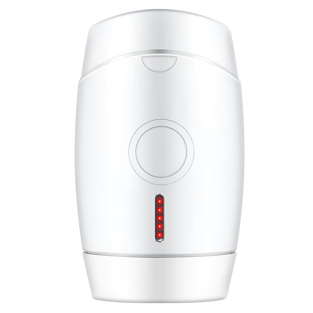 White home laser hair removal device on a table showing its compact size.