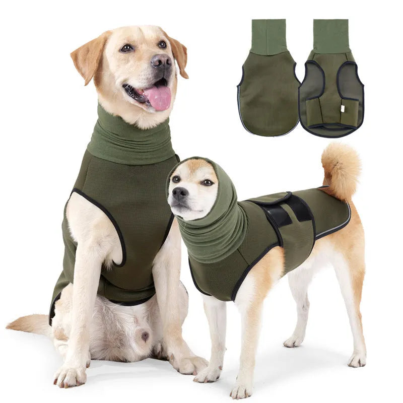 Army green dog calming anxiety relief jacket on a medium-sized dog