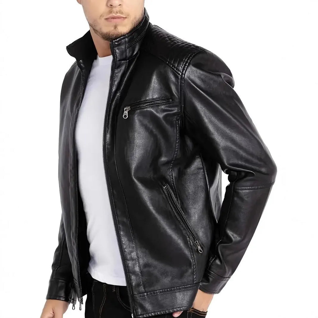 Men's brown artificial leather punk motorcycle jacket with a stand collar and patch pocket.