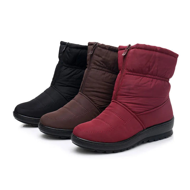 Women's winter snow boots with cloth upper, 3cm heel, 16cm tube height, artificial thick hair lining, black brown red.
