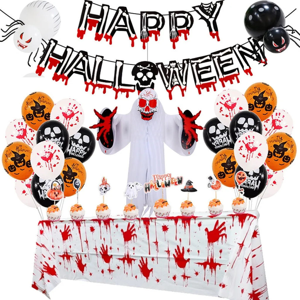 Halloween balloon combo set showing spider arch with skull and pumpkin designs in black and white