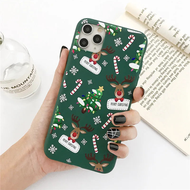 Green TPU iPhone case with cartoon Christmas tree and elk design with stripe elements