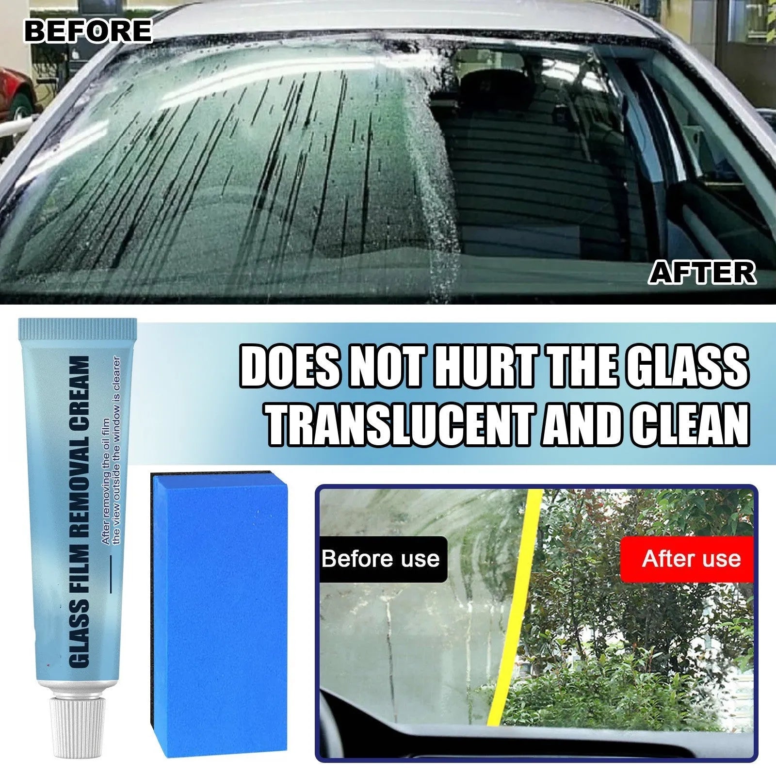 Blue car glass oil film remover with soft sponge applicator for windshield and window cleaning