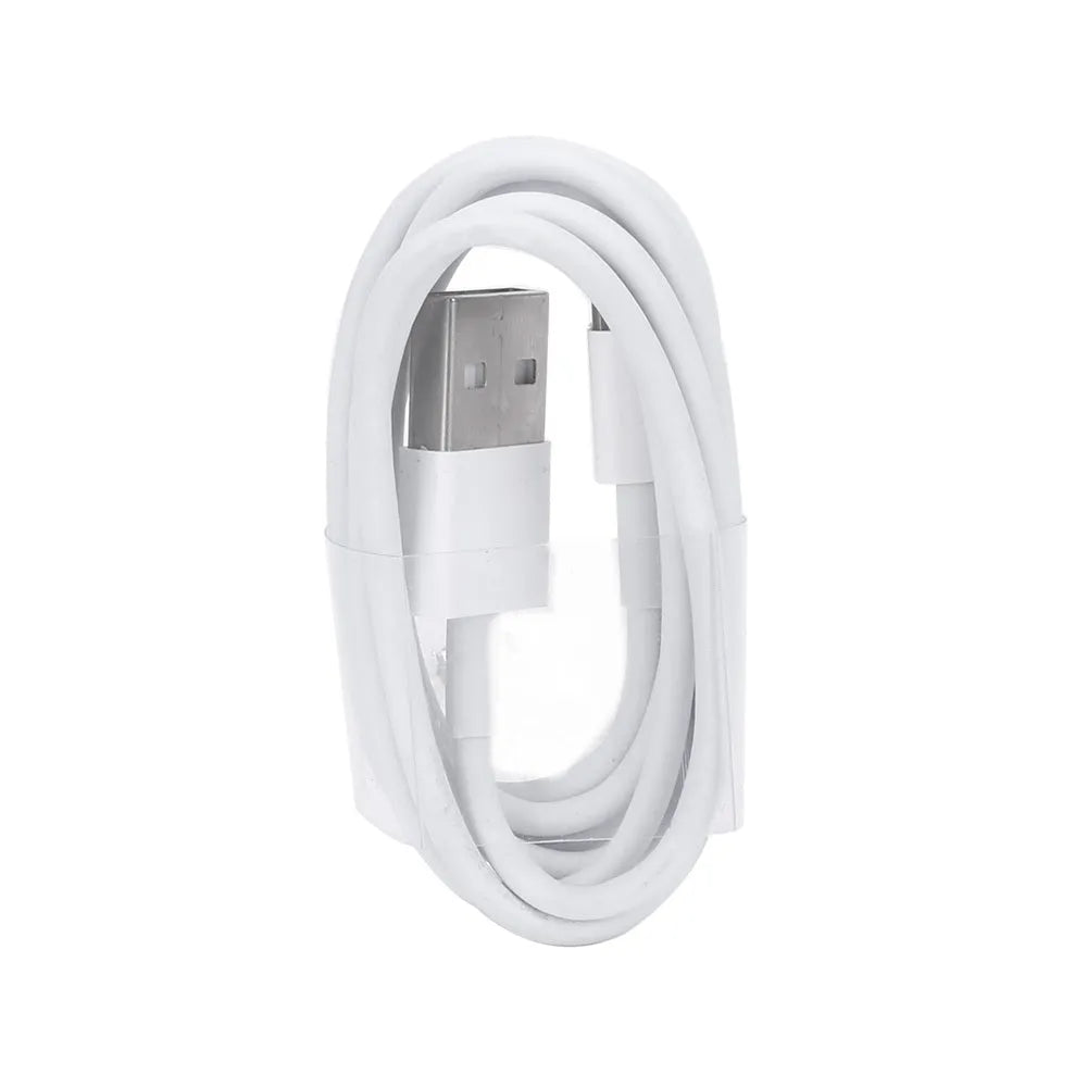 White 5V 2A USB travel charger and Lightning cable for iPhone and iPad on a wooden table.
