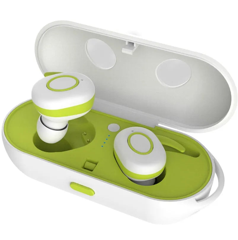 Compact wireless Bluetooth in-ear headphones in black, green, red, or white colours, designed for sports with noise reduction.