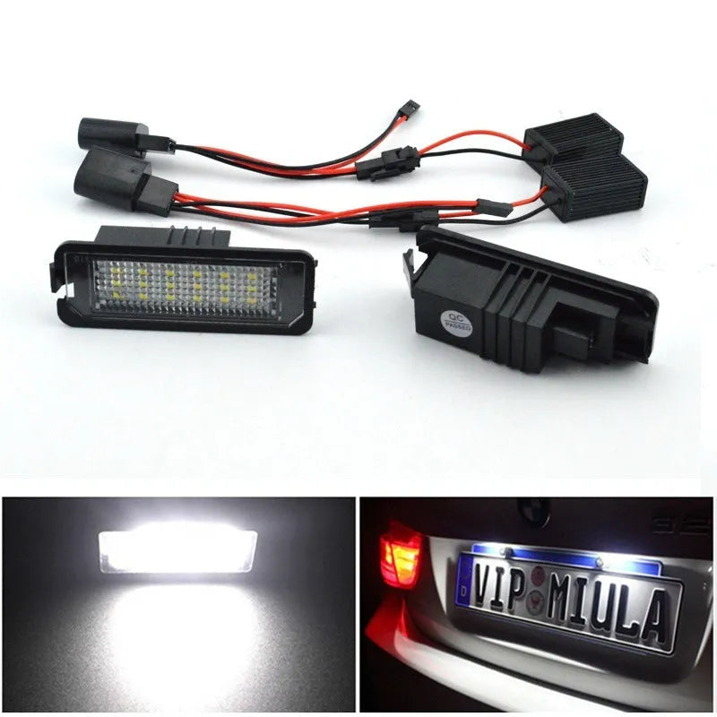 Pair of Volkswagen-specific Canbus LED licence plate light bulbs for Golf, Polo, Phaeton models.