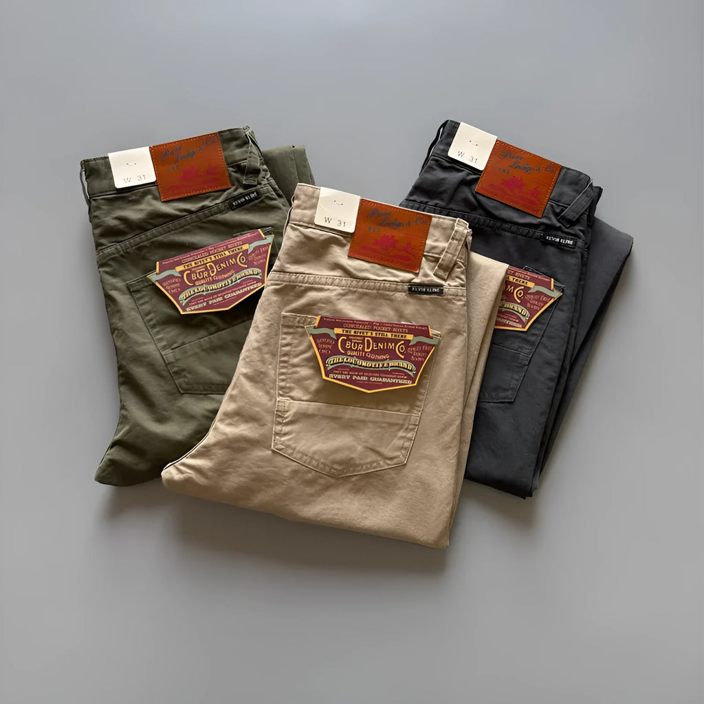 Men's straight-leg cotton trousers in American retro style showing grey, army green, and khaki colour options