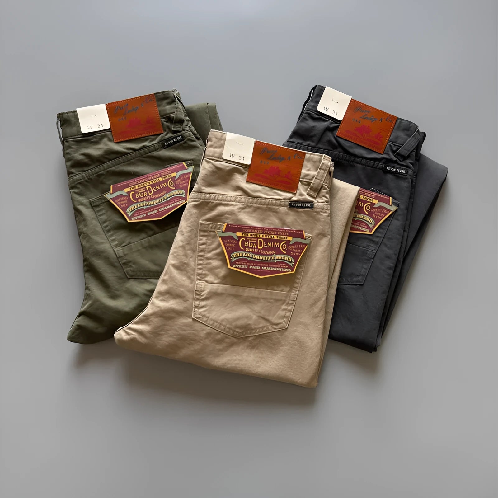 Men's straight-leg cotton trousers in American retro style showing grey, army green, and khaki colour options