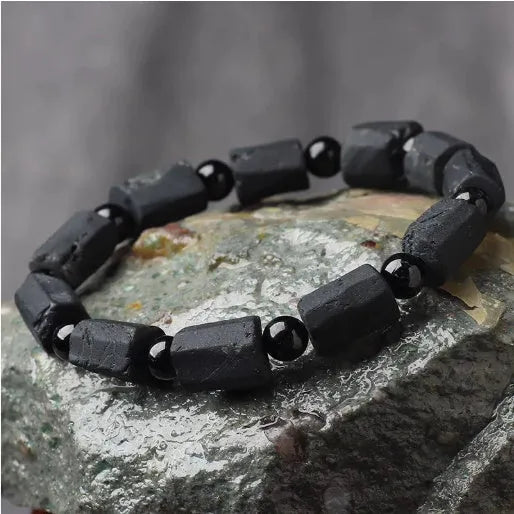 Black tourmaline rough stone bracelet with 8.5-9mm beads and Seiko treatment