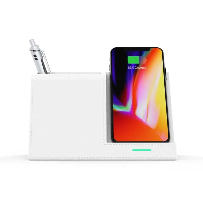 Leather wireless charging station with integrated pen holder compartment for desk organisation