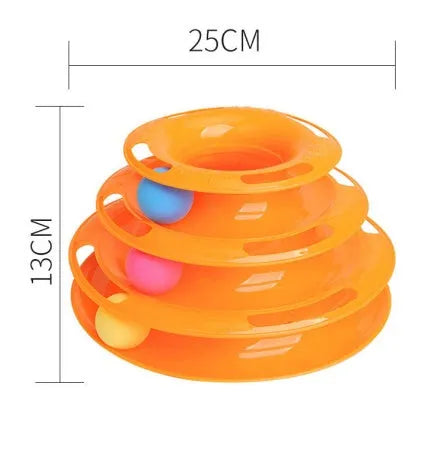 Four-layer interactive cat turntable toy with ball track tower, plastic, 16x29cm, in pink, blue or orange