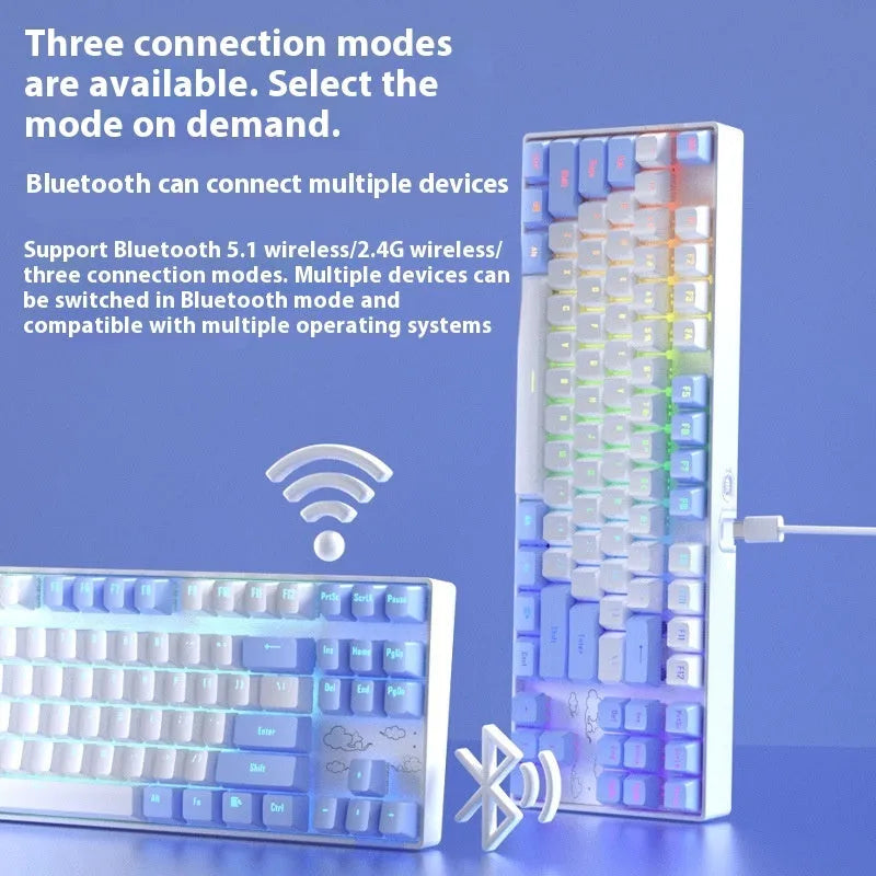 Wireless Bluetooth mechanical keyboard with metal construction in purple or blue colour options