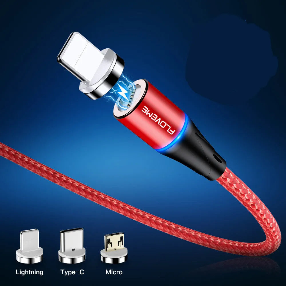 Black magnetic fast-charge data cable with glowing side lights next to a smartphone.