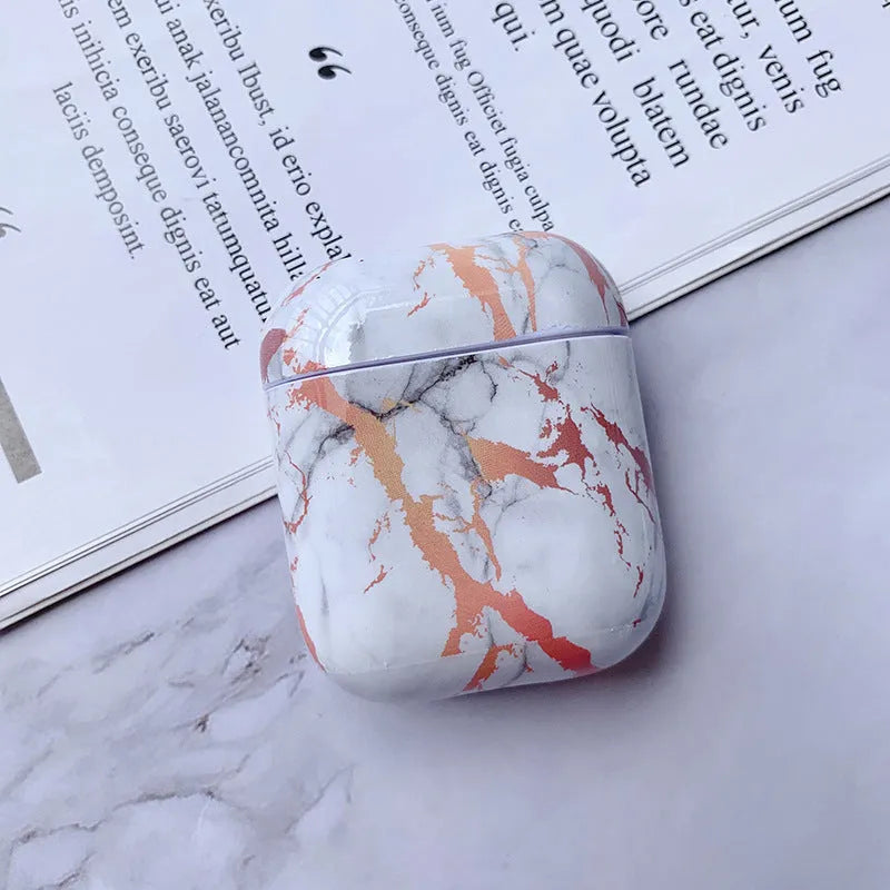 White Marble hard PC protective case cover for Apple AirPods 1 and 2 charging box.