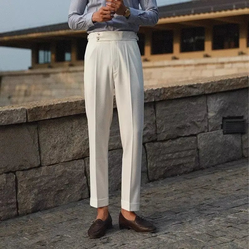 Men's slim fit straight leg trousers in chemical fibre blend fabric for business formal wear