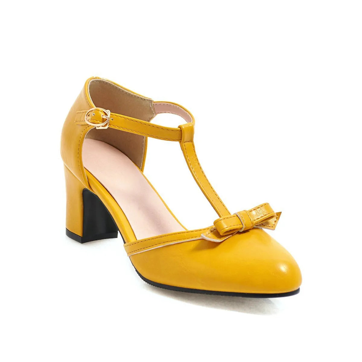 Women's chunky heel sandals with hollow out design and buckle strap in apricot colour