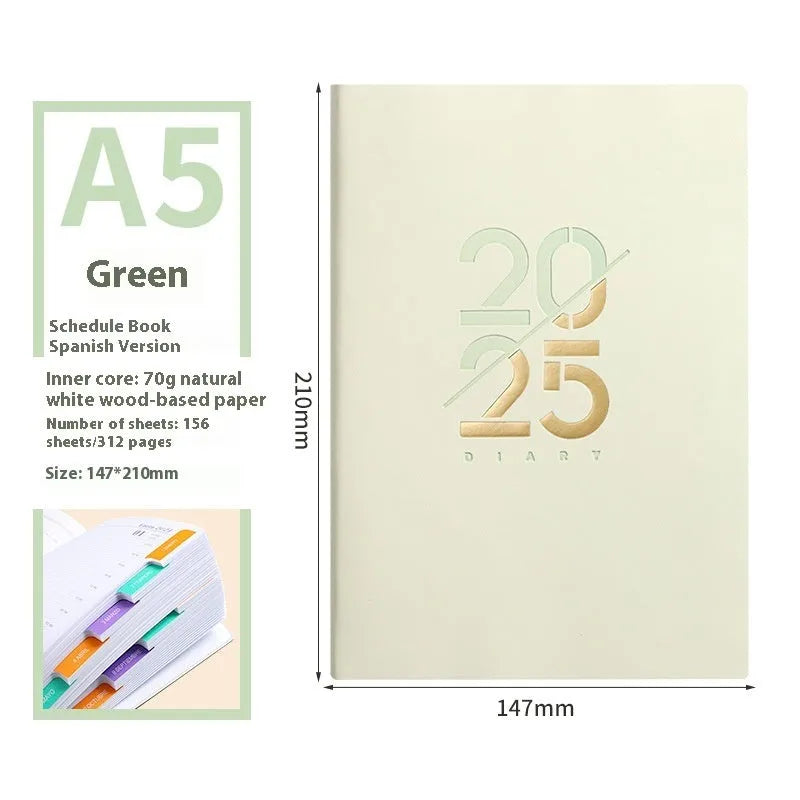 A5 2025 daily planner schedule book with faux leather cover shown in blue colour option