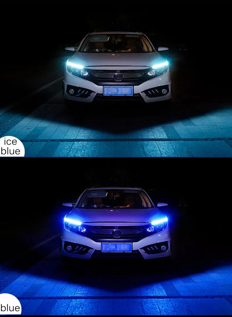 Flexible silicone car LED daytime running light strip with flowing turn signal in multiple length options