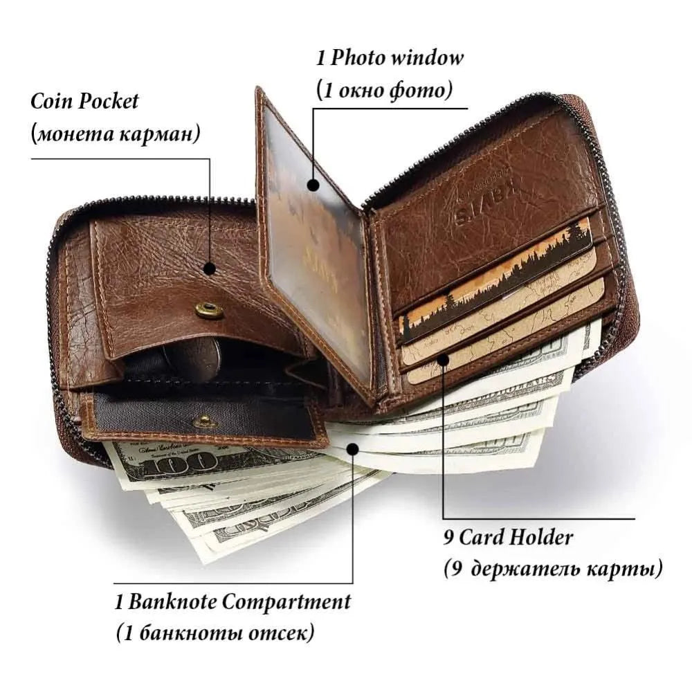 Men's soft brown leather wallet with a zipper, open to show multiple card slots, a banknote section, and a coin compartment.