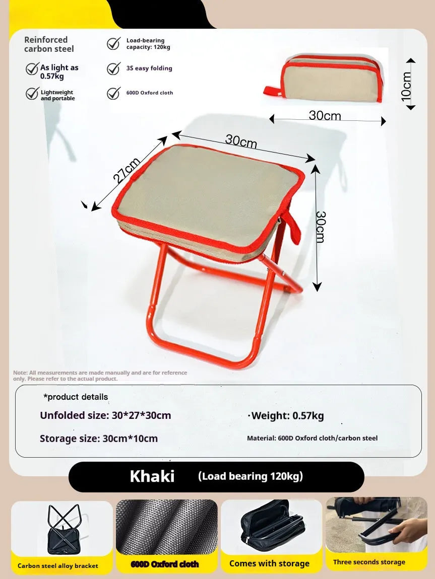 Lightweight foldable outdoor camp stool in oxford cloth, shown in a flat pencil box style.