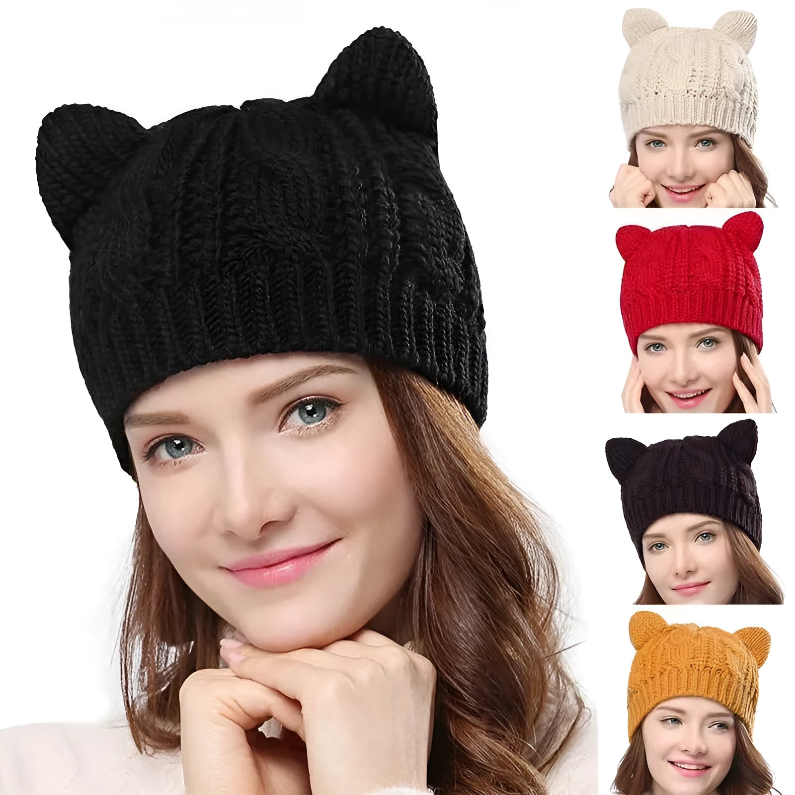 Hand-knitted cat ear winter beanie in red wool with 3D design