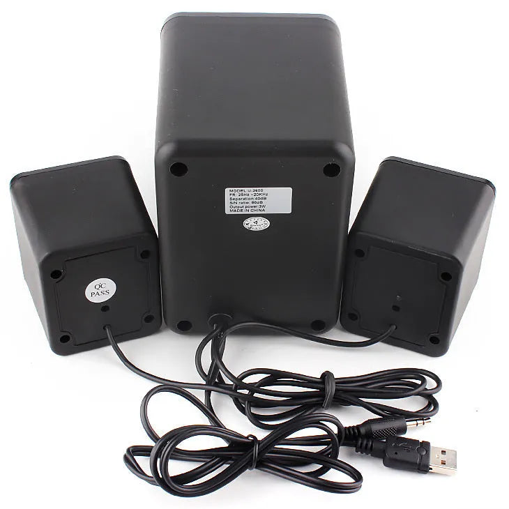 Mini USB computer speaker model U-2600 with glowing green light and 2.1 system design
