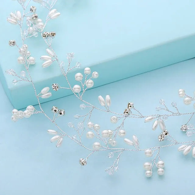 Silver wedding hair band with crystals and pearls on a long wire, shown at 100cm length