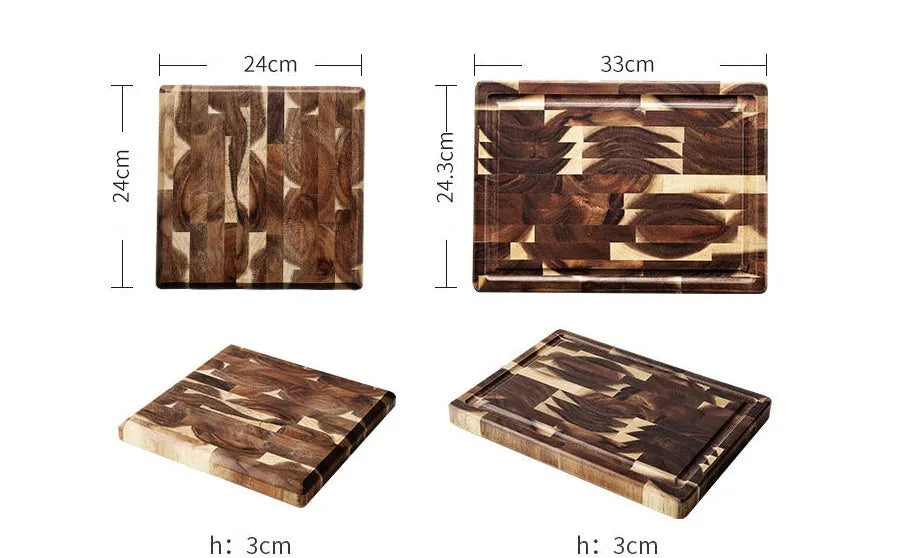 Brown solid acacia wood cutting board with 3cm thickness on a kitchen counter.