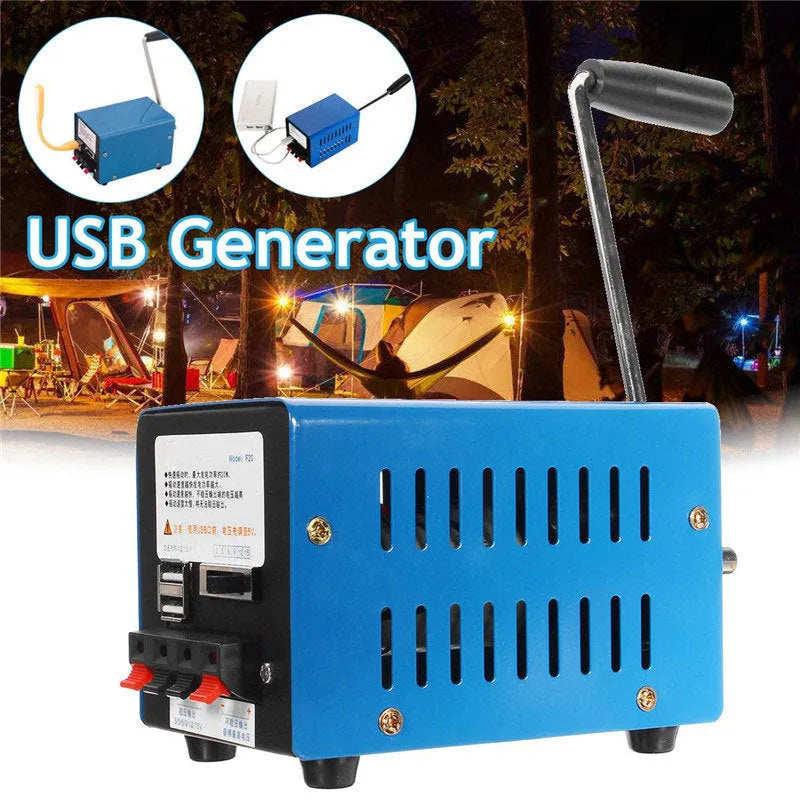 Blue metal hand crank generator with USB ports and adjustable voltage dial for emergency charging