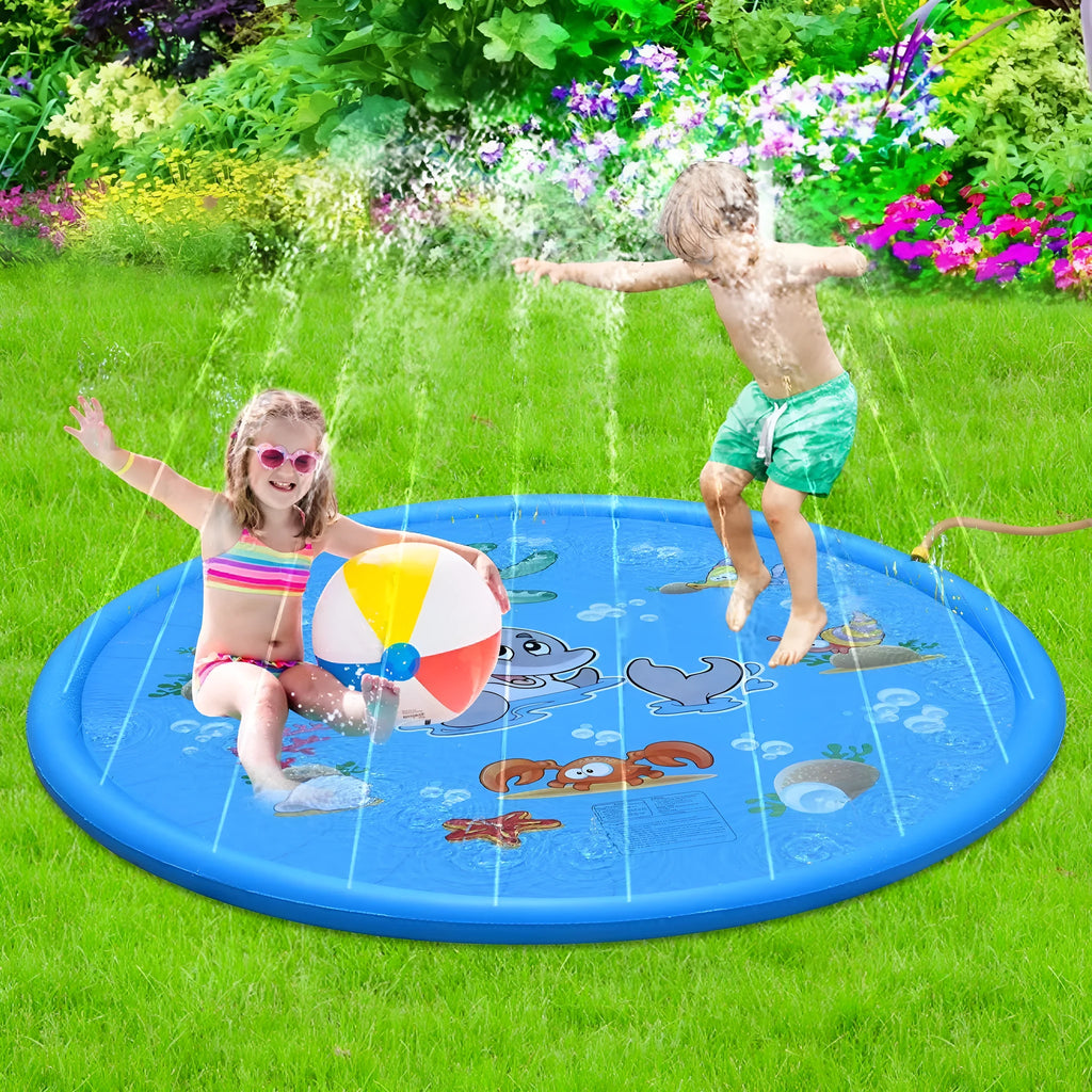 Blue PVC children's water play mat with marine animal designs measuring 100cm or 170cm for garden use