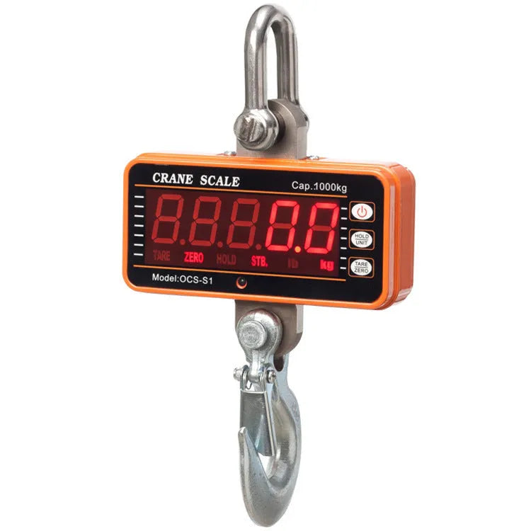 Orange electronic crane scale with digital display for industrial weighing up to 500kg capacity