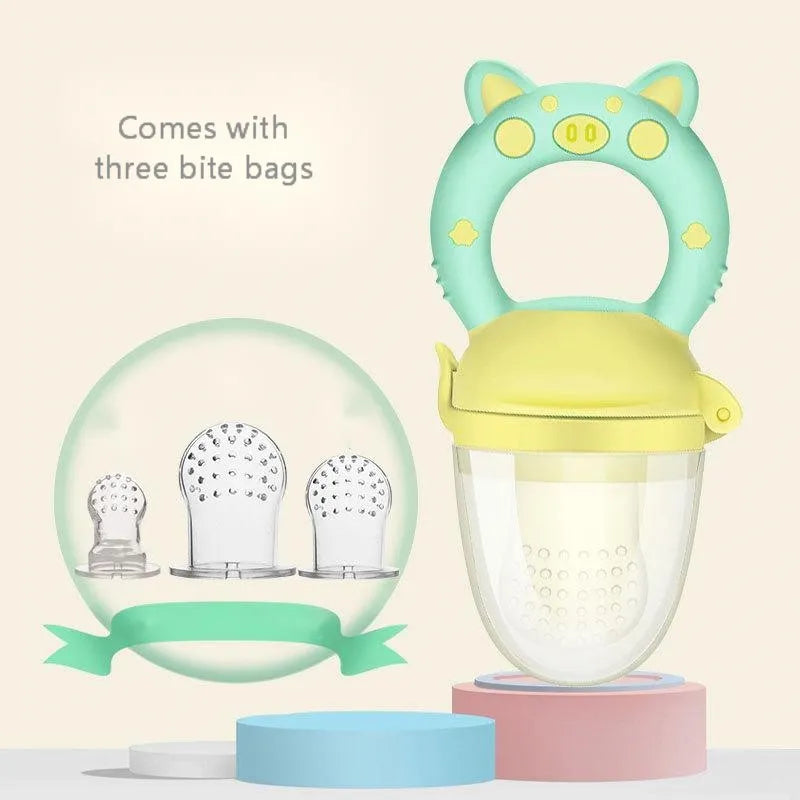 Silicone baby teether with textured mouthpieces in blue, green, or pink colour options