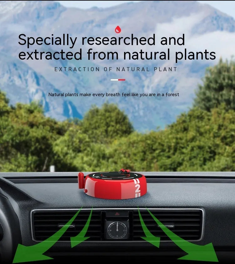 Round solar-powered car aromatherapy decoration with light sense model features in black red or white plastic