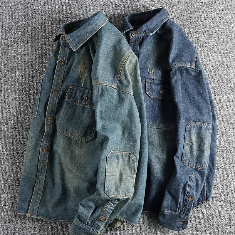 Men's loose cardigan style washed vintage denim shirt in light blue