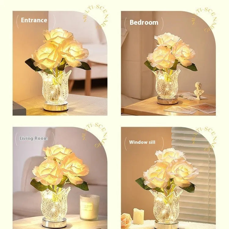 Crystal flowers table lamp with touch control dimming on bedside table