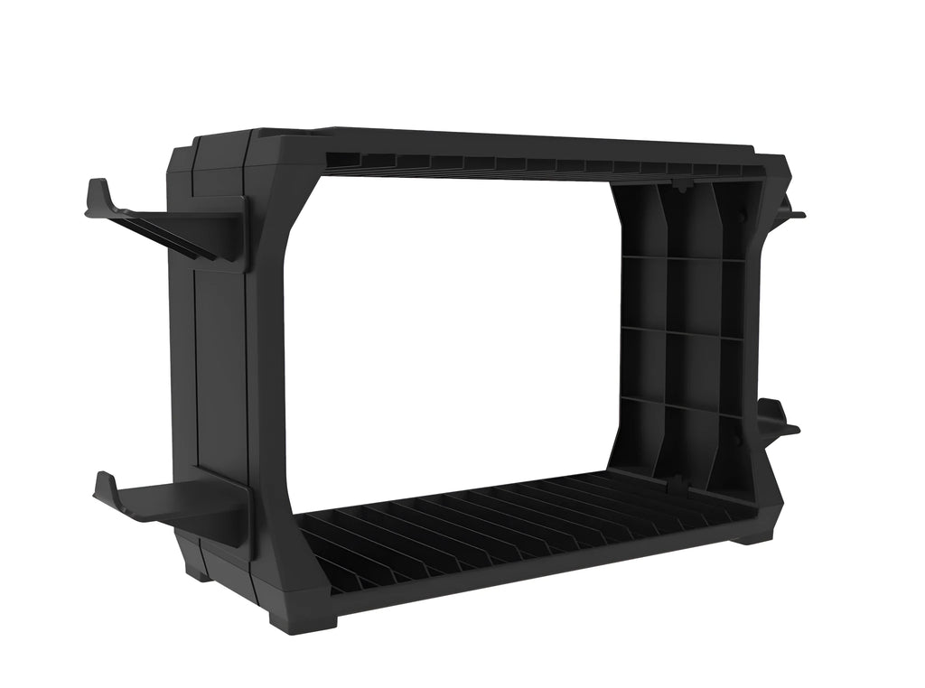 Black ABS plastic PS5 disc holder stand with slots for game cartridges and four controllers