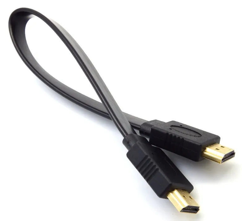 Flat HDMI cable with standard connectors showing length options from 0.3 to 10 metres